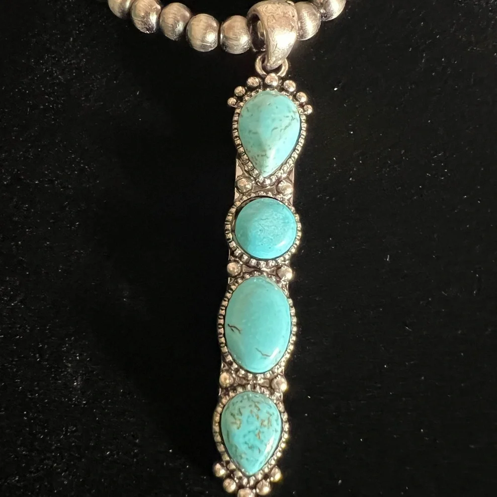 Silver beaded and 4 stone turquoise necklace 11 inches long total NWOT - Picture 4 of 6